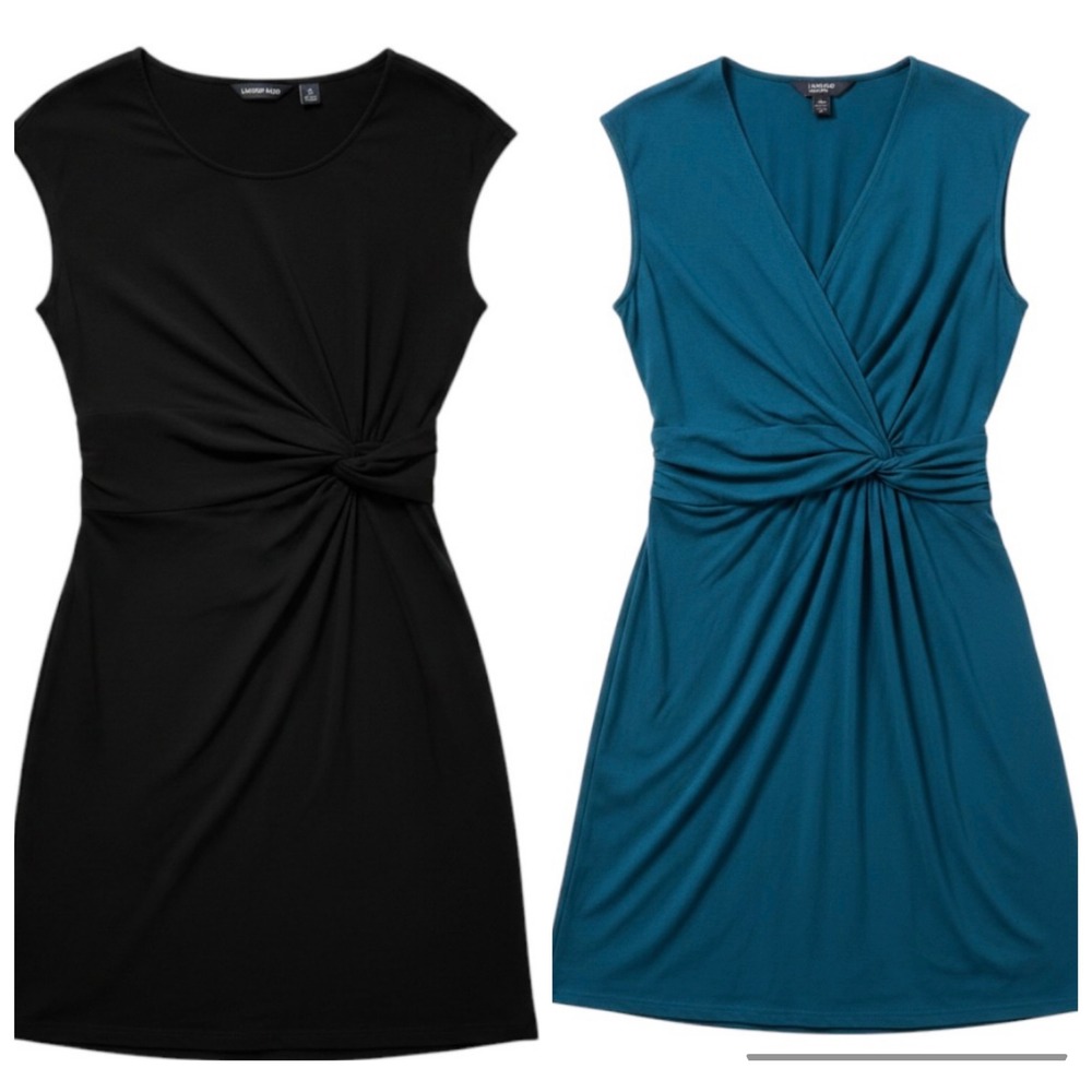 Land's End Womens Side Knot Midi Dress Medium Black Teal Stretch Casual Soft